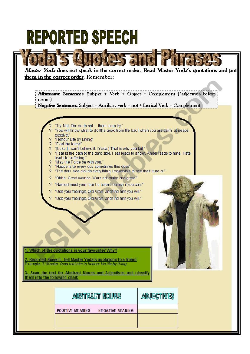 YODAS QUOTATIONS AND PHRASES worksheet