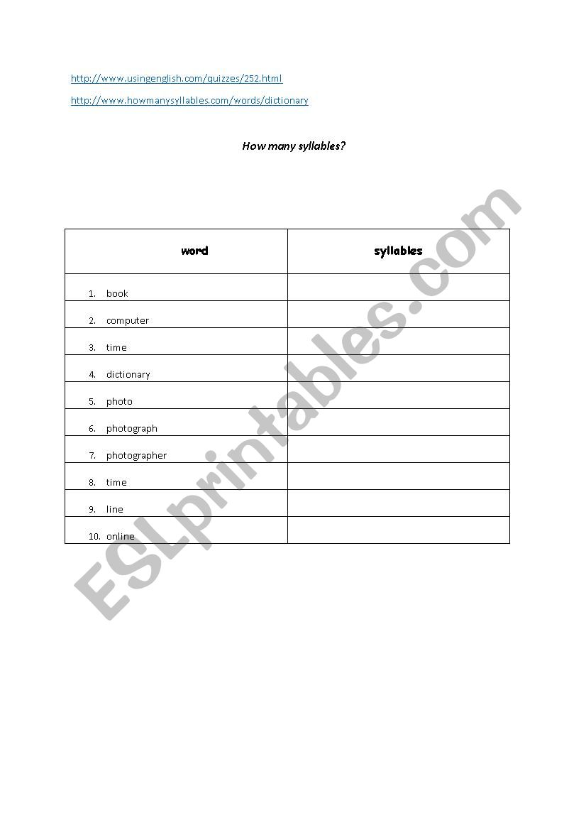 How many syllables? worksheet