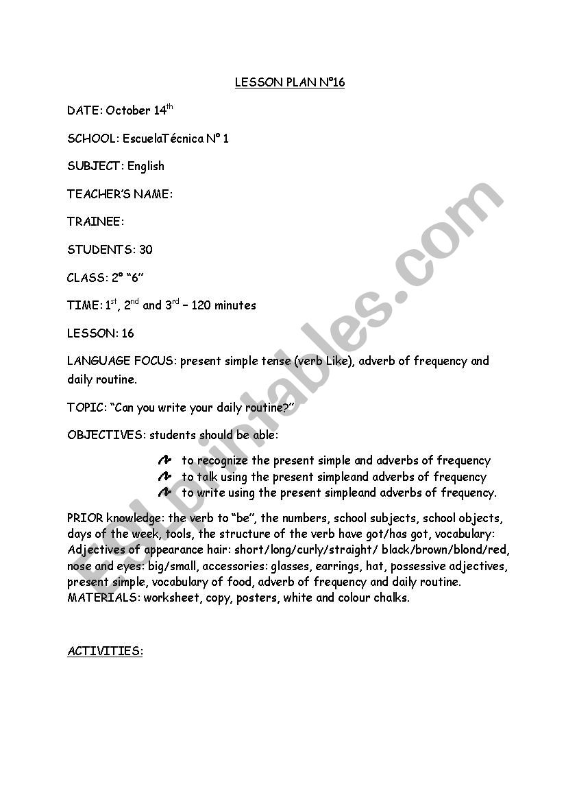 Can you write your routine? worksheet