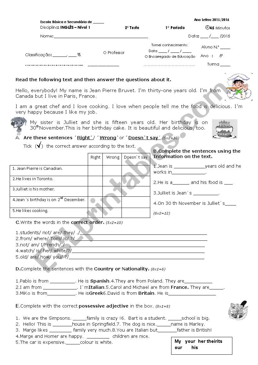 Reading comprehension worksheet