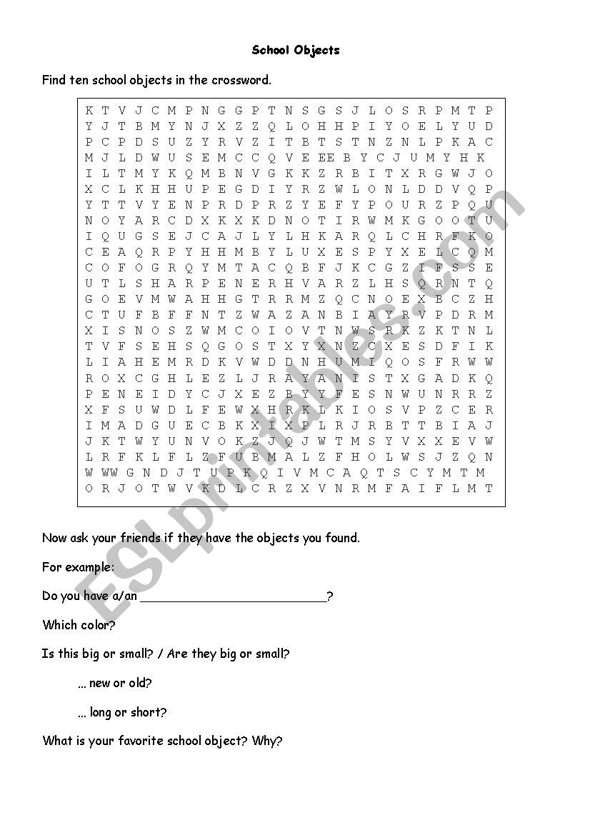 School Objects worksheet