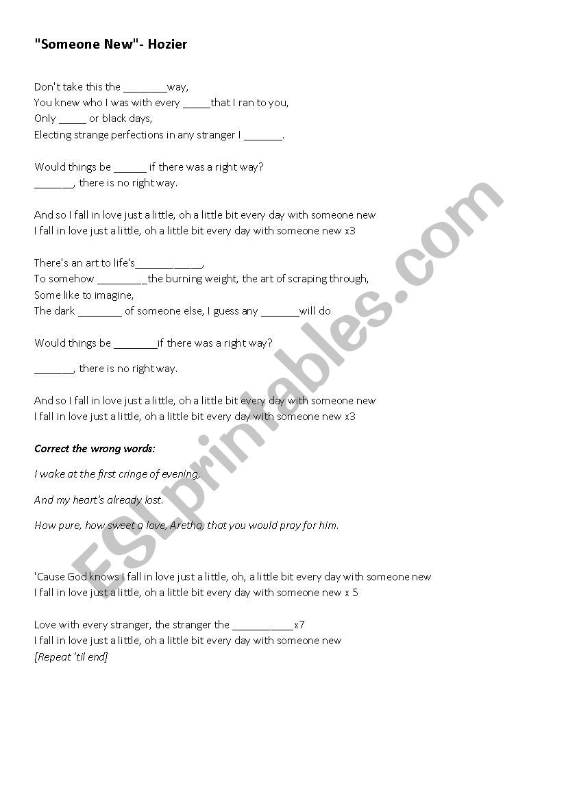 Someone New- Hozier worksheet