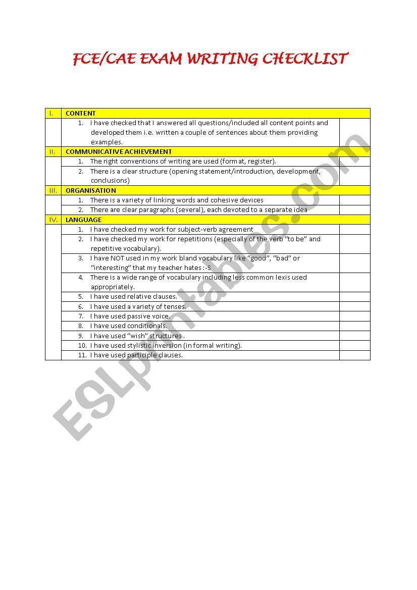 FCE/CAE writing checklist worksheet