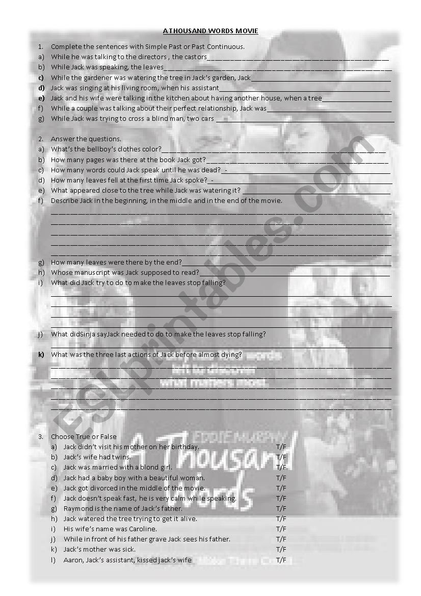 A THOUSAND WORDS MOVIE worksheet