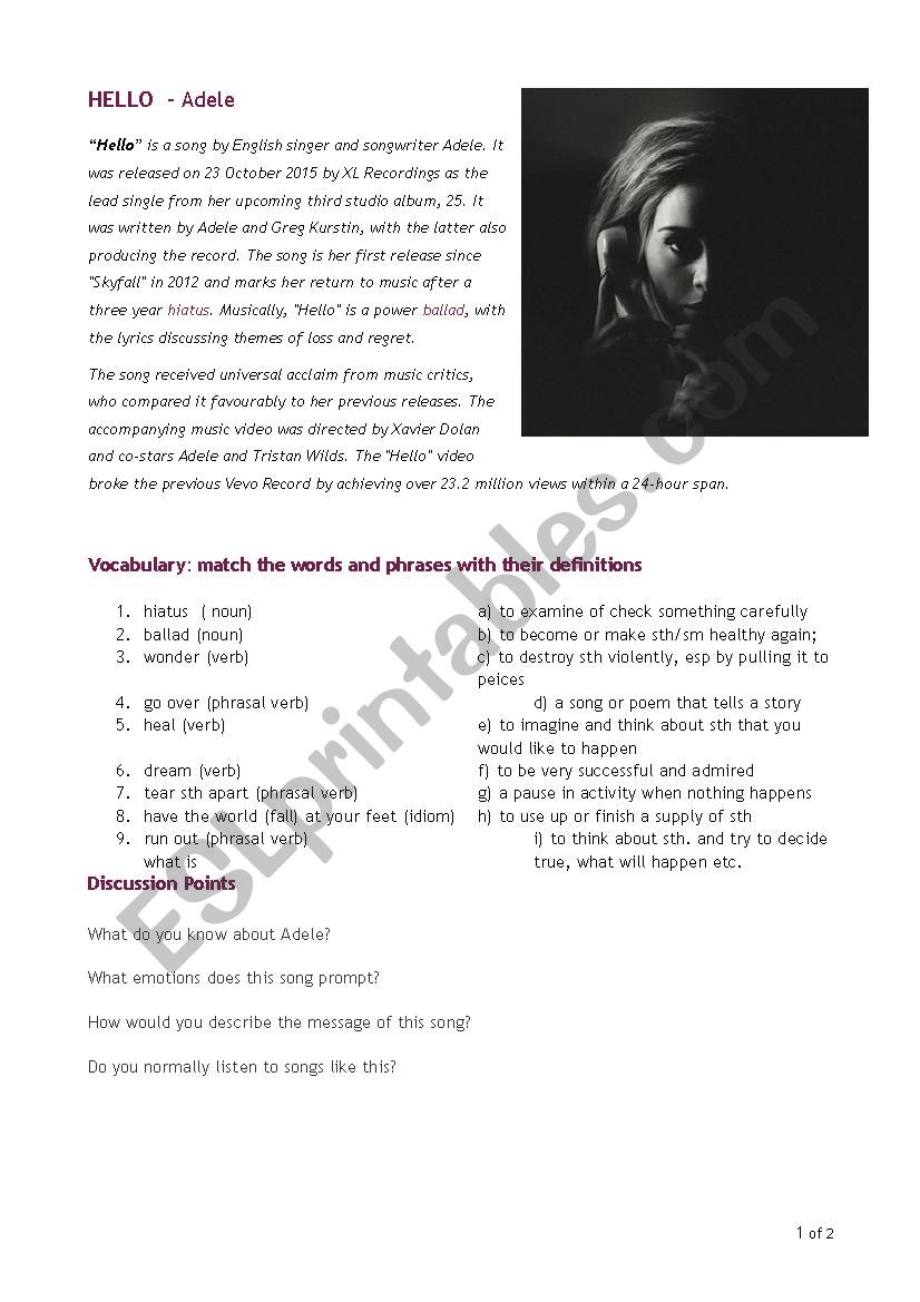 Hello - Adele worksheet worksheet