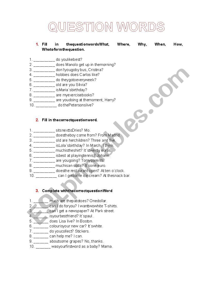 Question Words worksheet worksheet