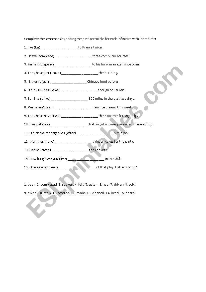Complete the sentence worksheet