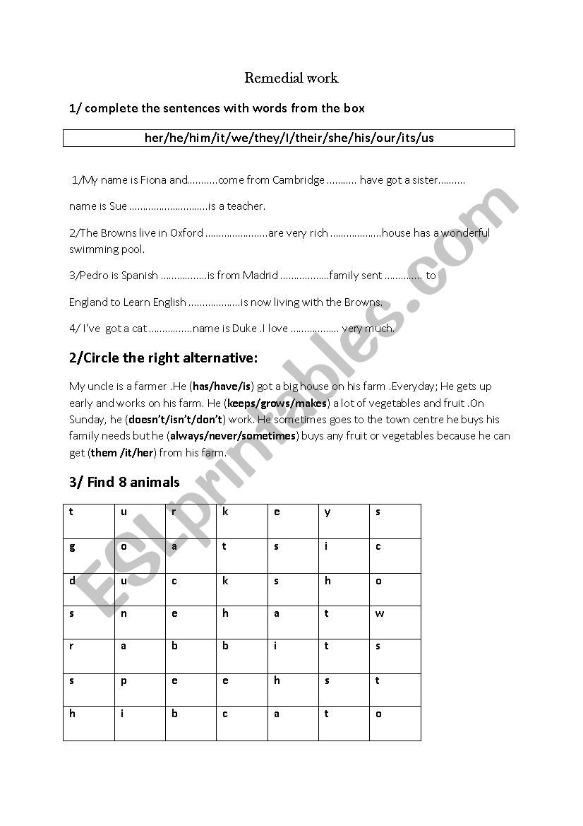 Remedial work worksheet