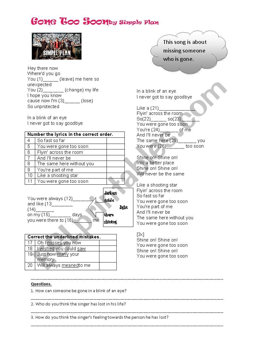 Simple Plan- Gone Too Soon worksheet