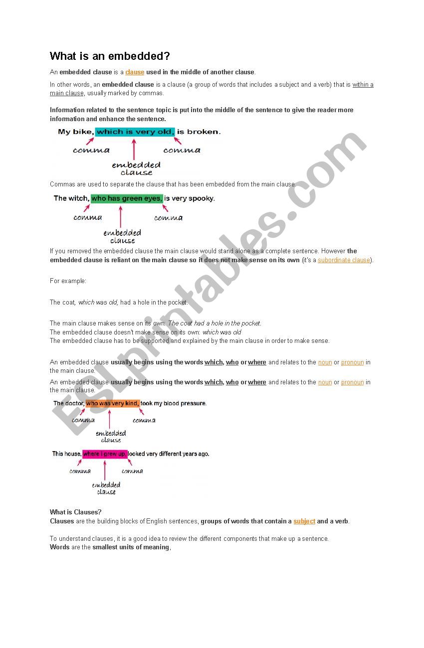 what is embedded clauses? worksheet