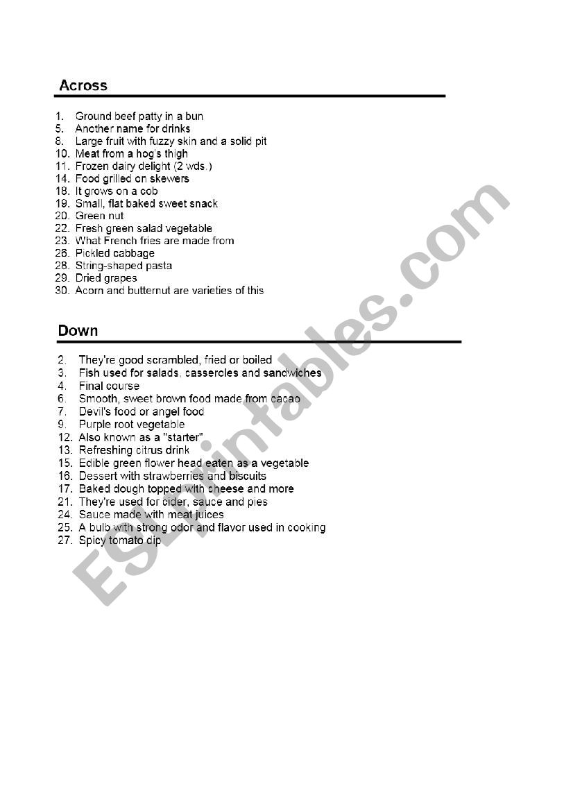 Crossword Puzzle - Food worksheet