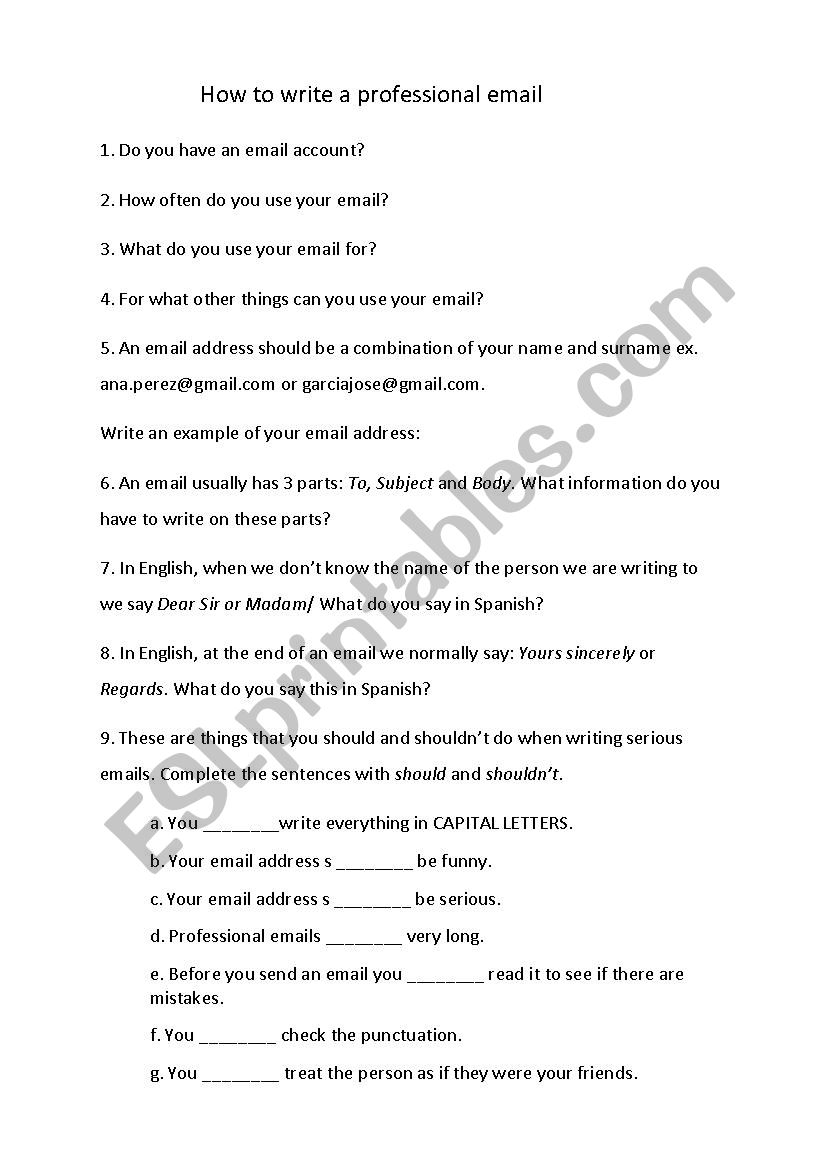How to write a work email worksheet