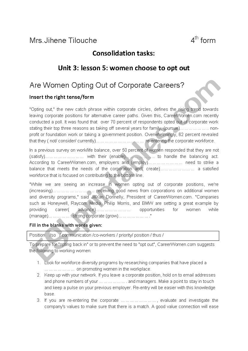 Unit 3 /lesson  5:women choose to opt out