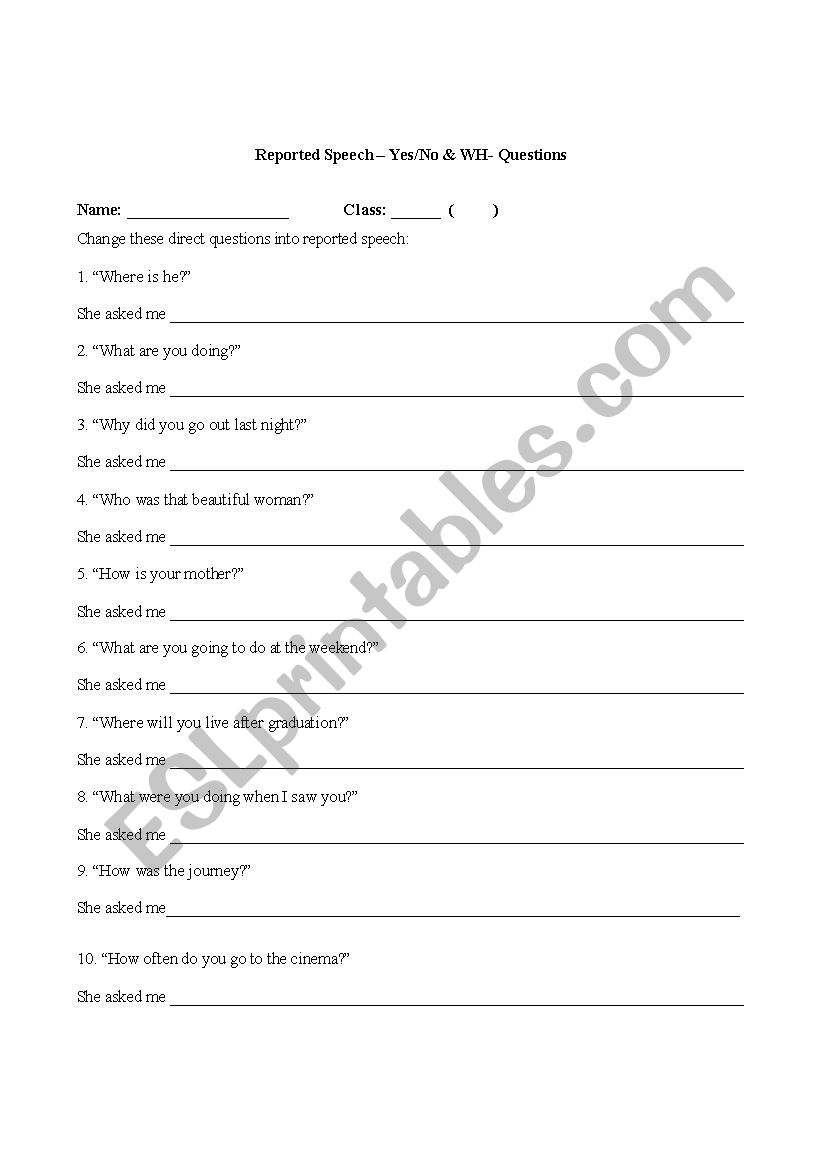 Reported Speech worksheet