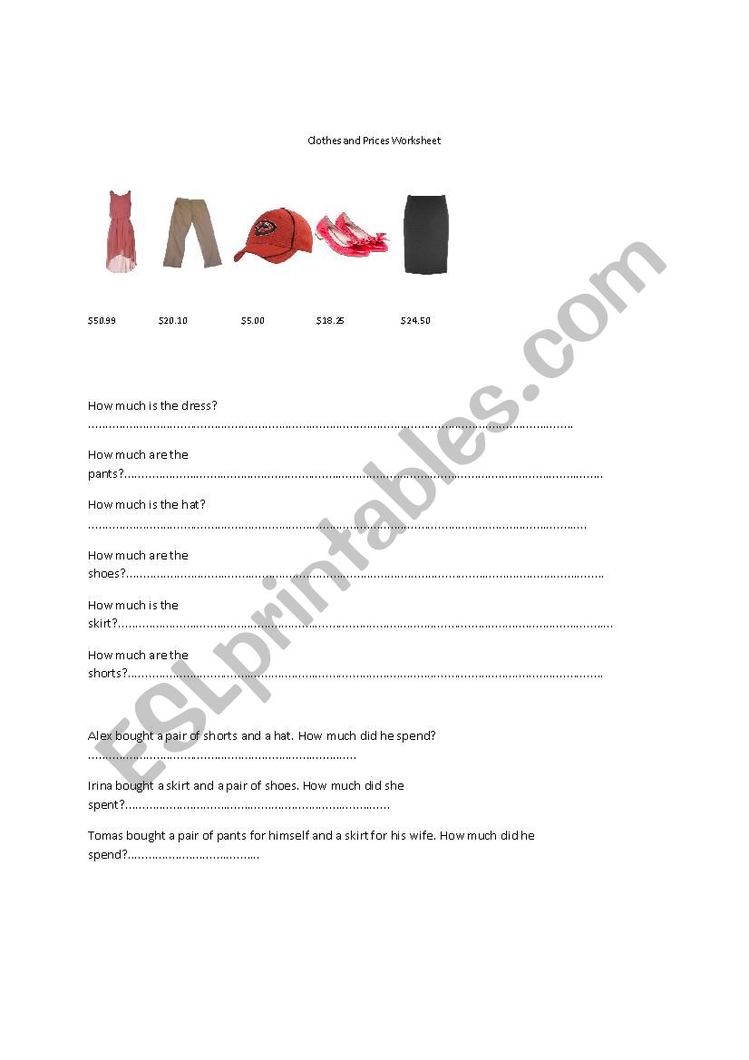 Clothing and Prices Worksheet worksheet