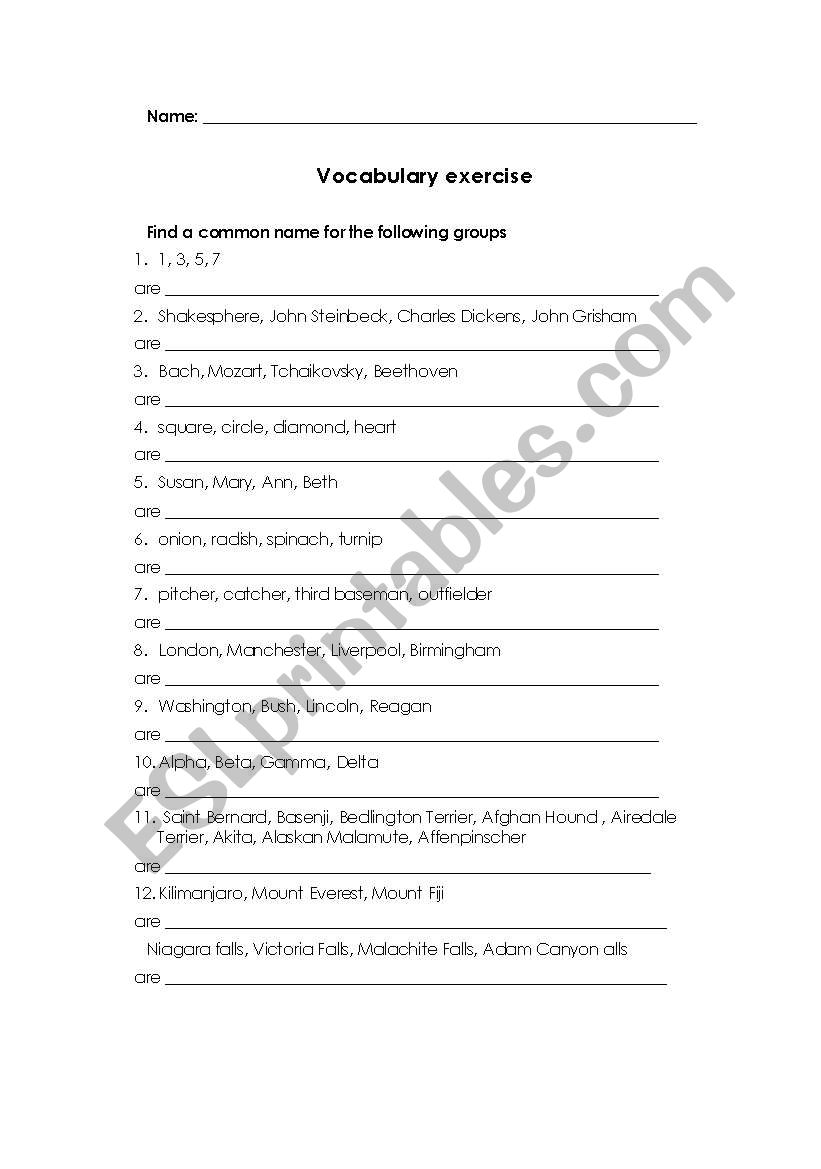 Find a common name worksheet