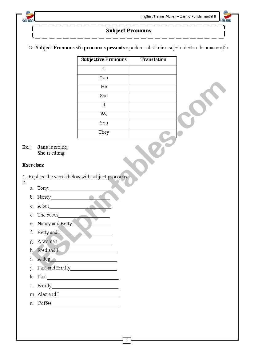 Subject Pronouns worksheet