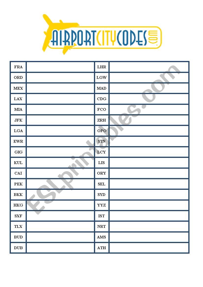 Tourism - Airport Codes worksheet