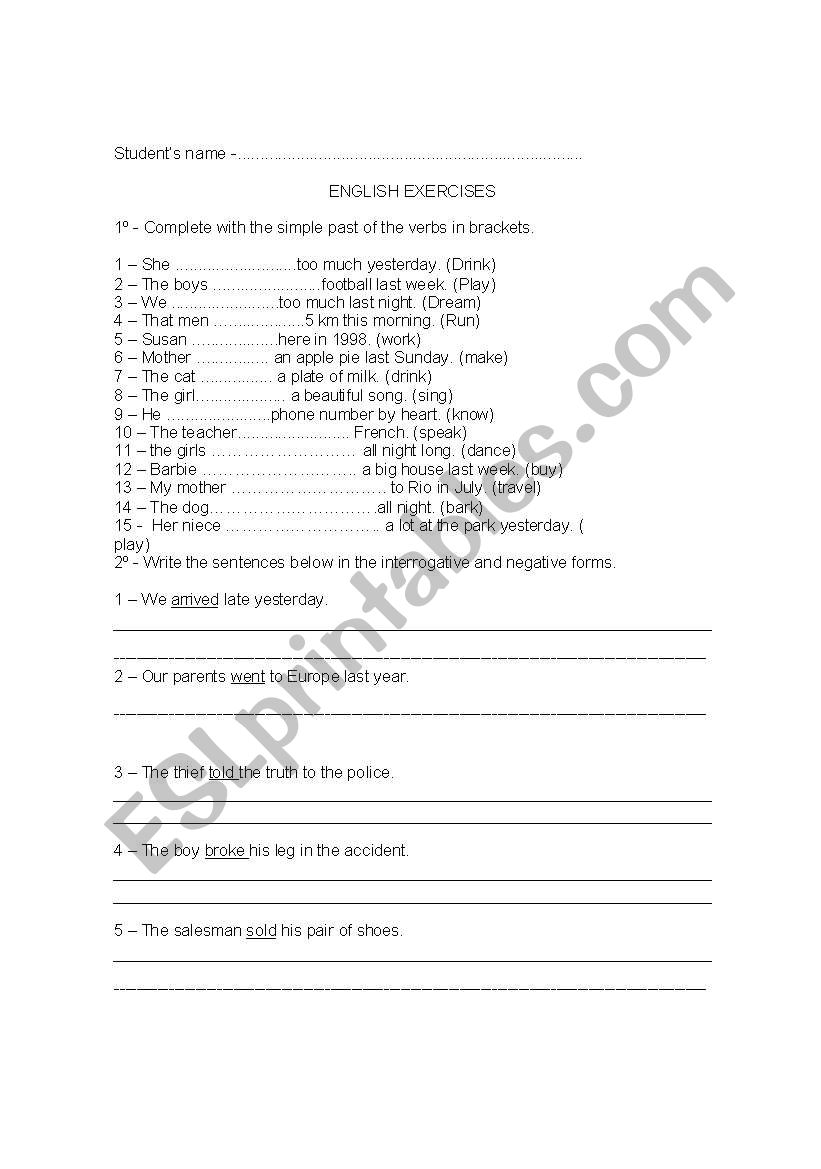 Simple past - exercises worksheet