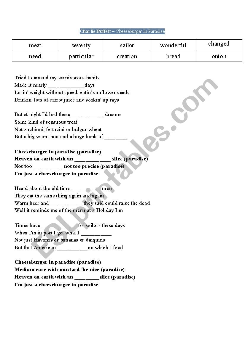 song food  worksheet