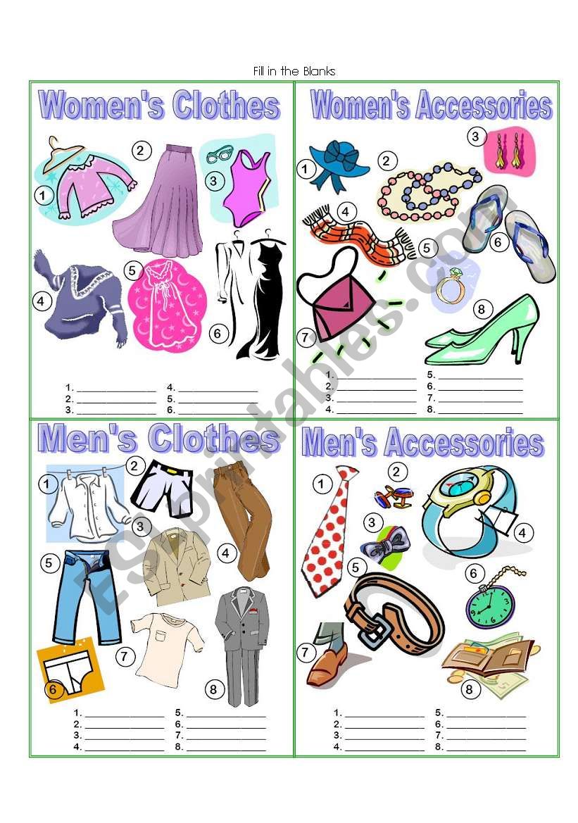 Clothes & Accessories Picture Dictionary - Fill in the Blanks
