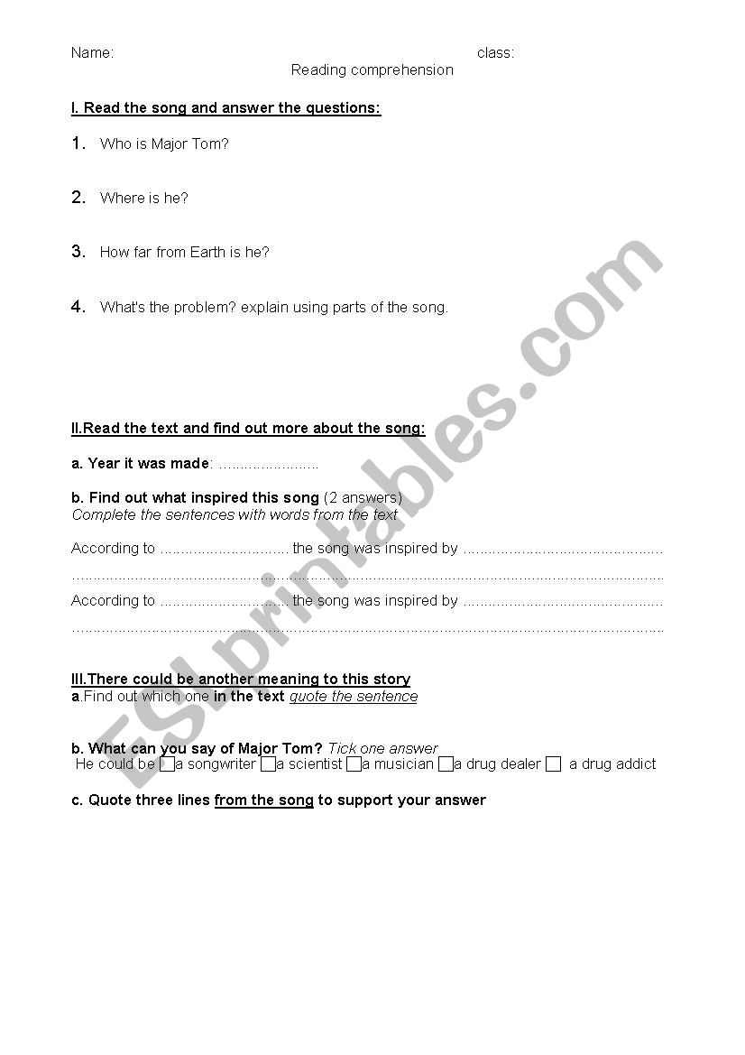 Space oddity - meaning worksheet