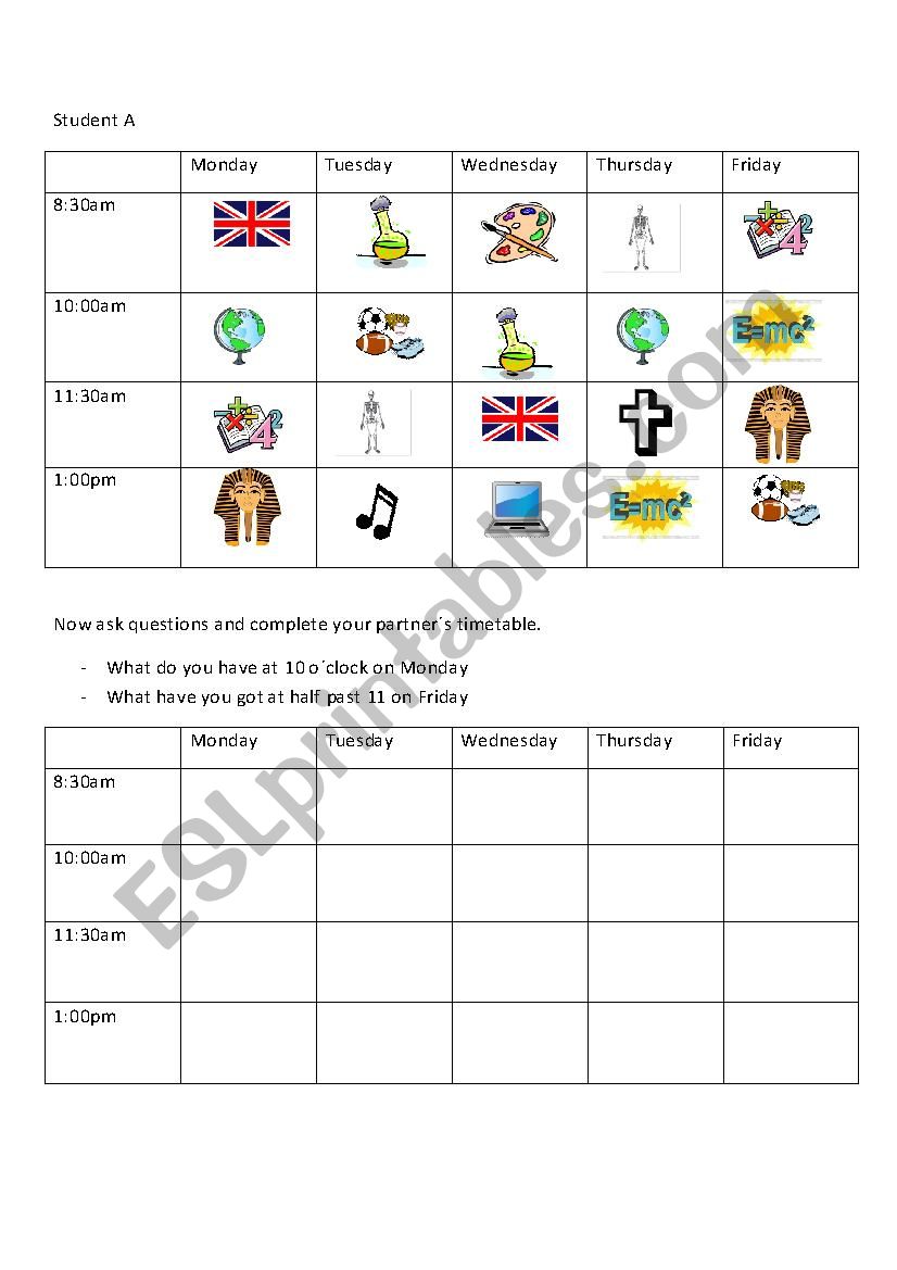 School Timetable Communicative Activity