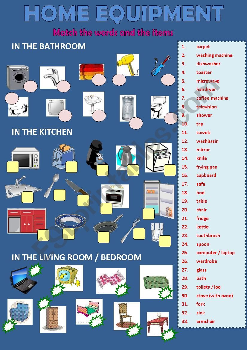 Home equipment and appliances worksheet
