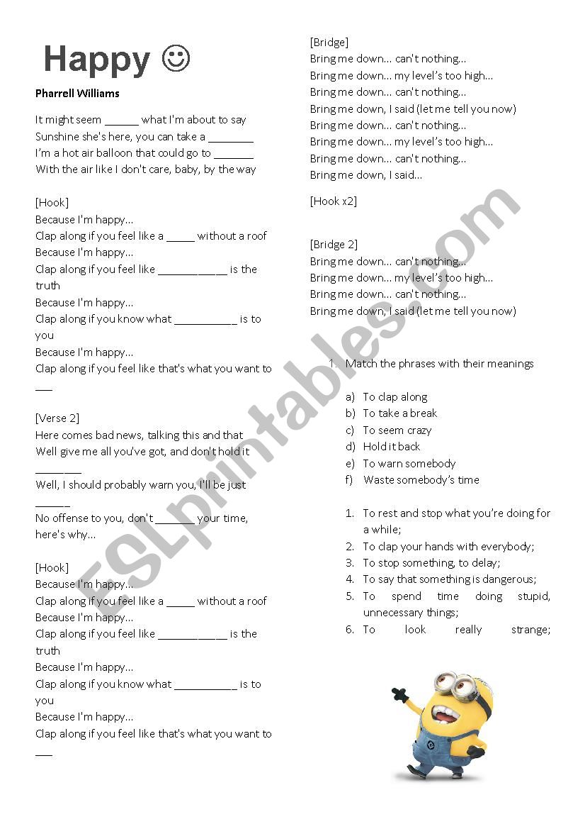  happy - pharrell williams worksheet