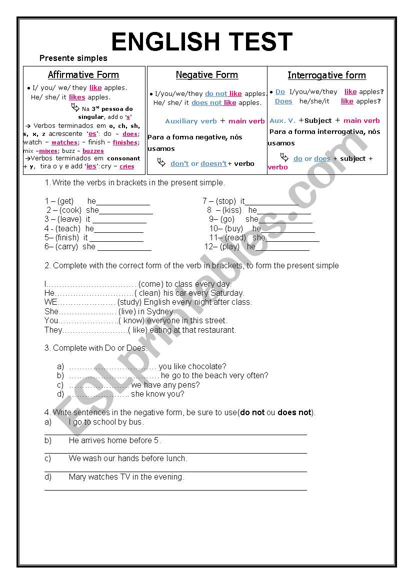 english test worksheet