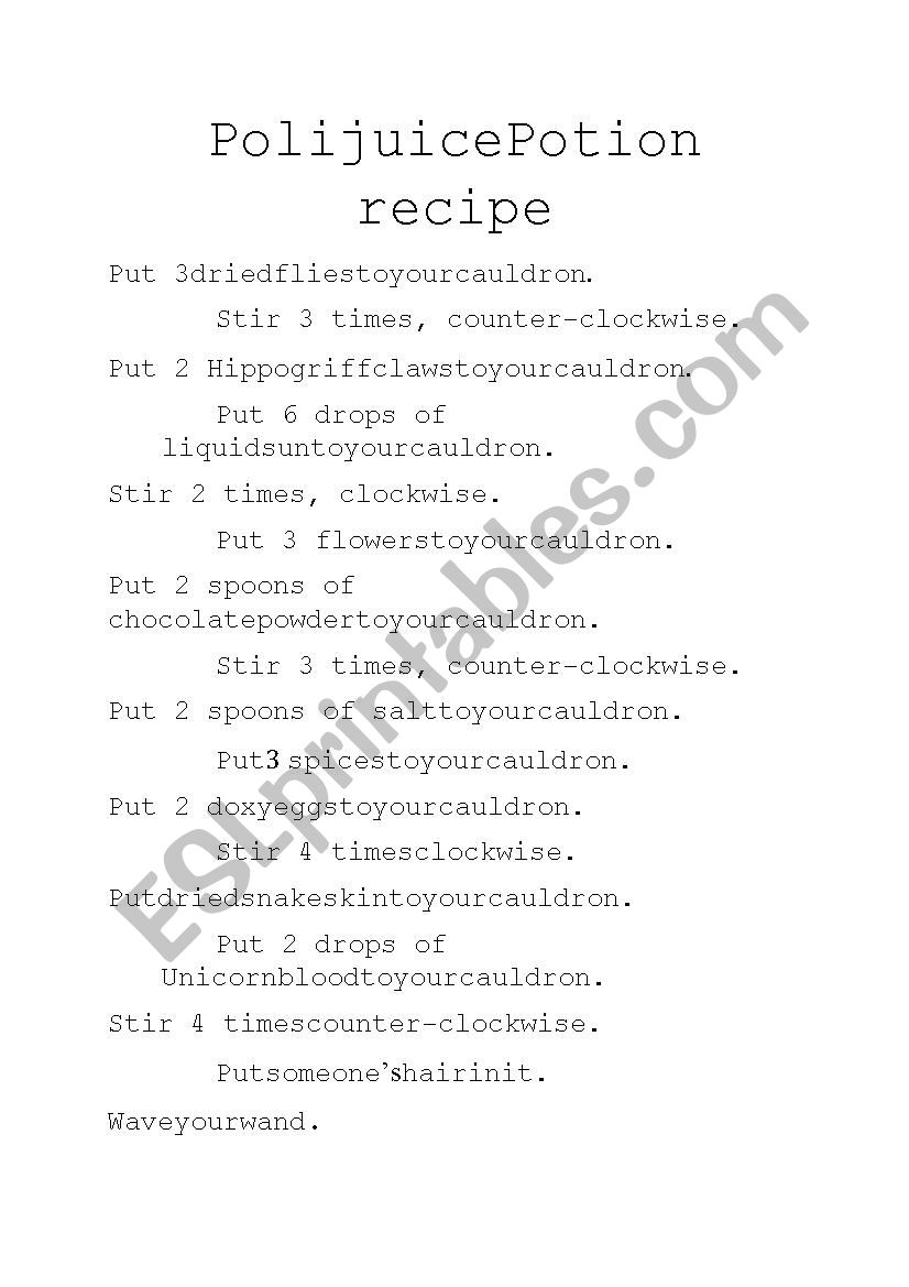 Polyjuice Potion recipe worksheet