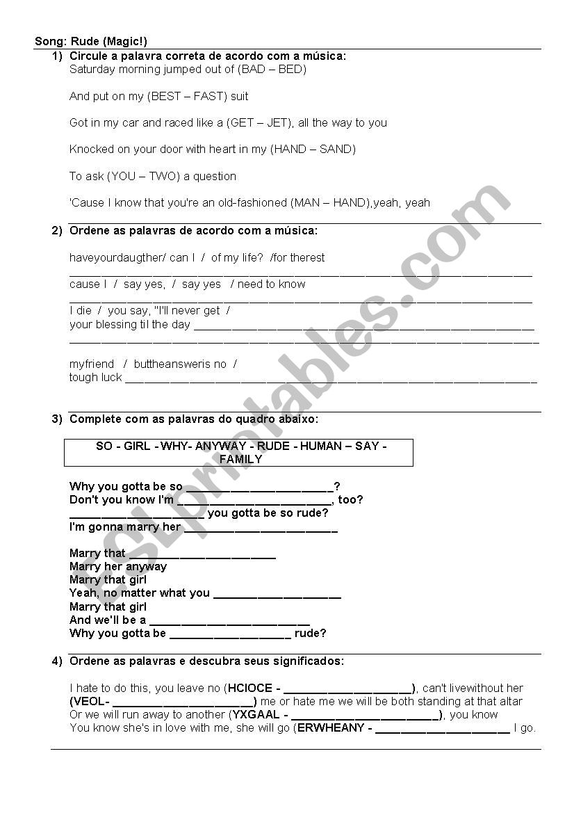 Song: Rude/Magic worksheet