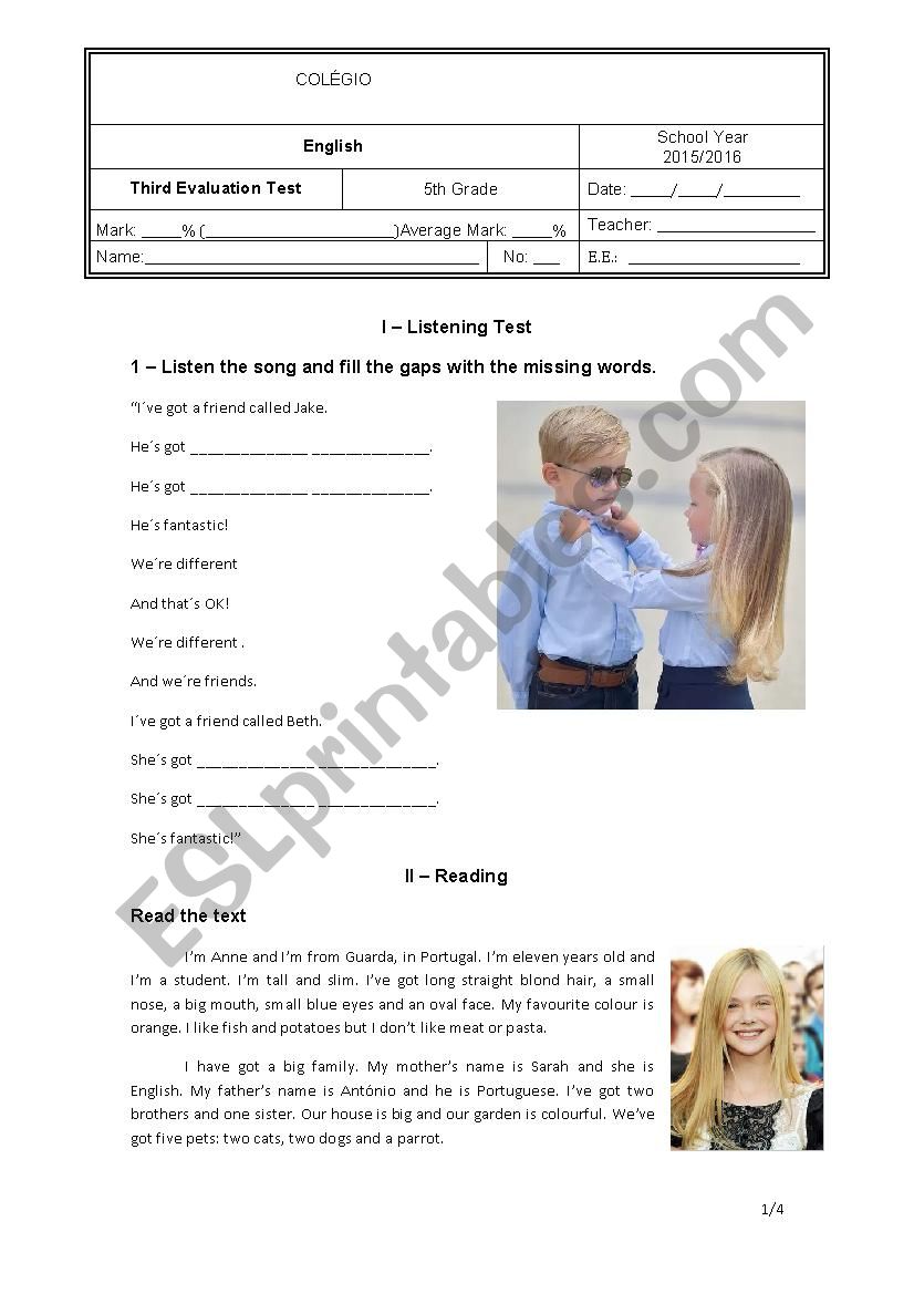 Evaluation Test - 5th Grade worksheet