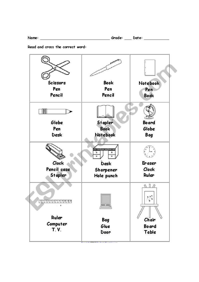 Classroom objects worksheet