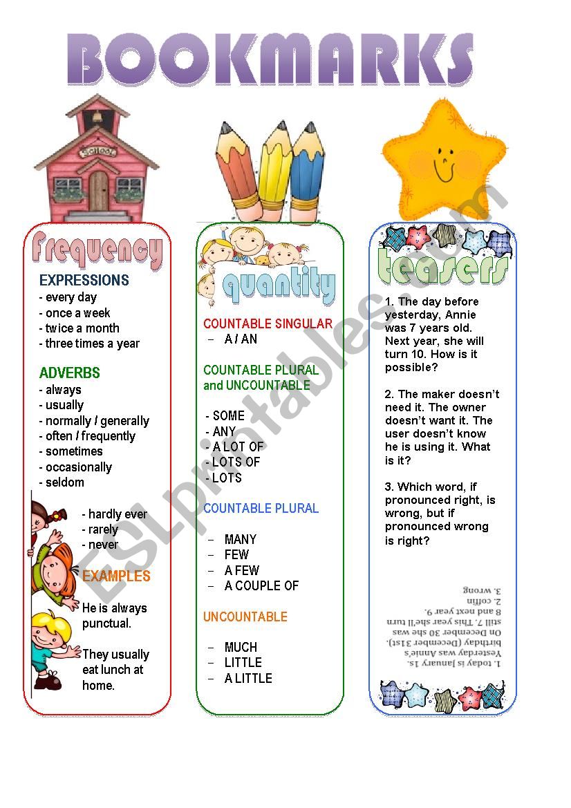 Bookmarks worksheet