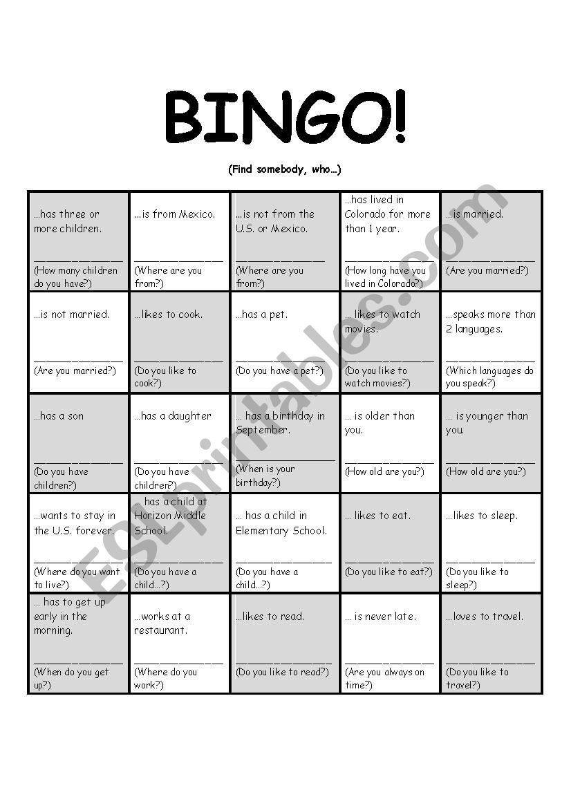Get to know you Bingo worksheet