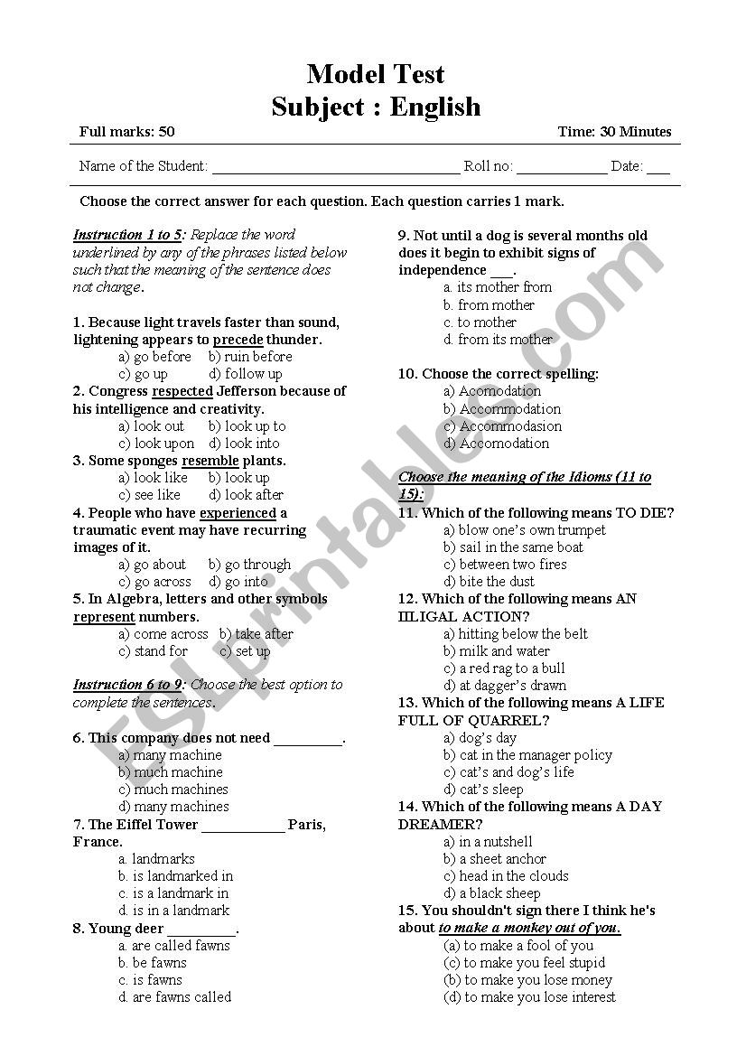 MCQ Grammar Test worksheet