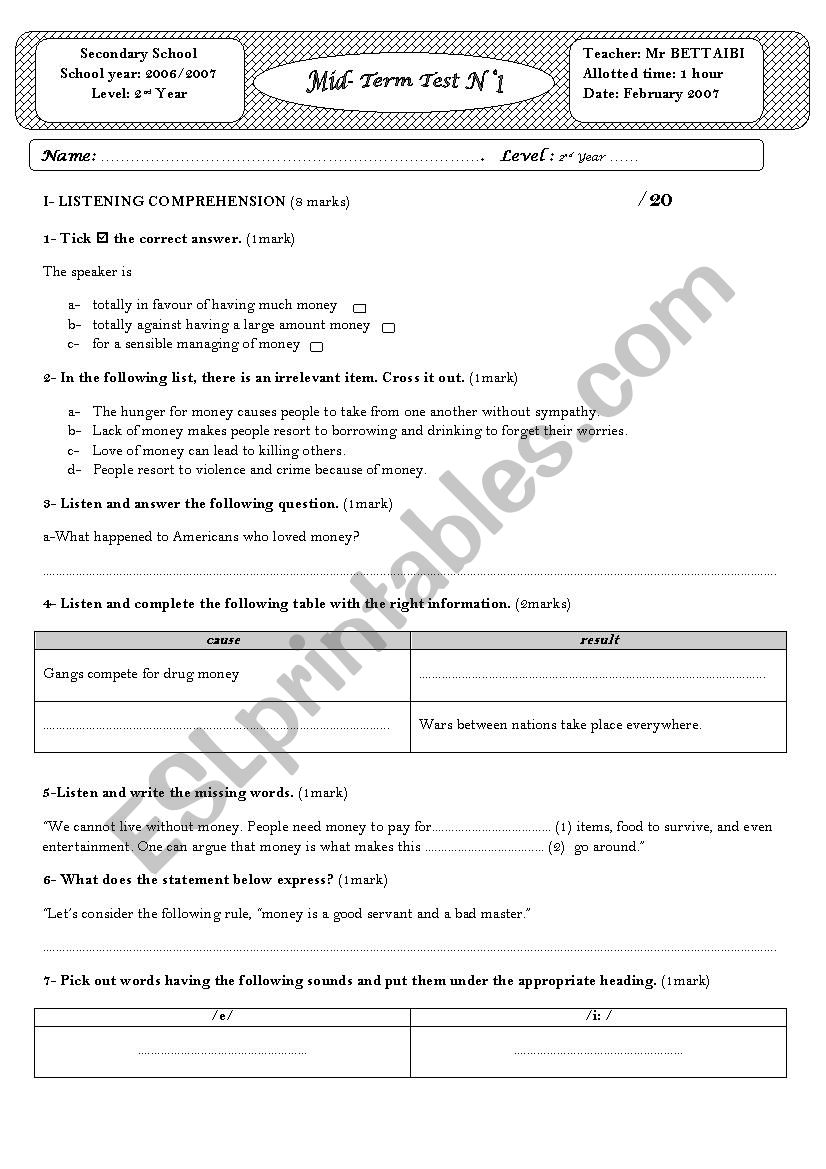 mid-term test 02 2nd form 2006/2007