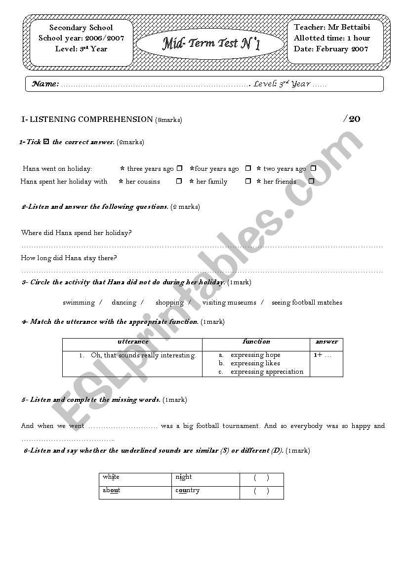 midterm test 02 3rd form 2006/2007