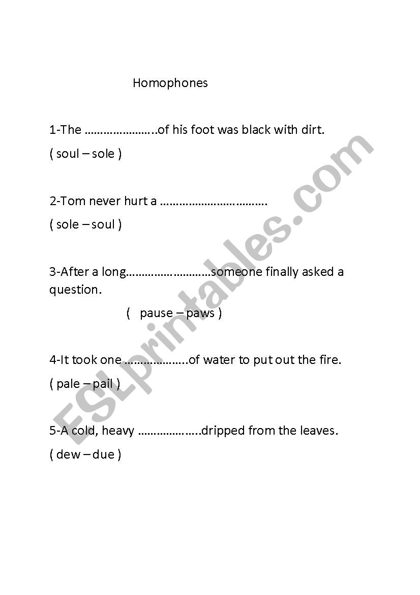 homophones2 worksheet