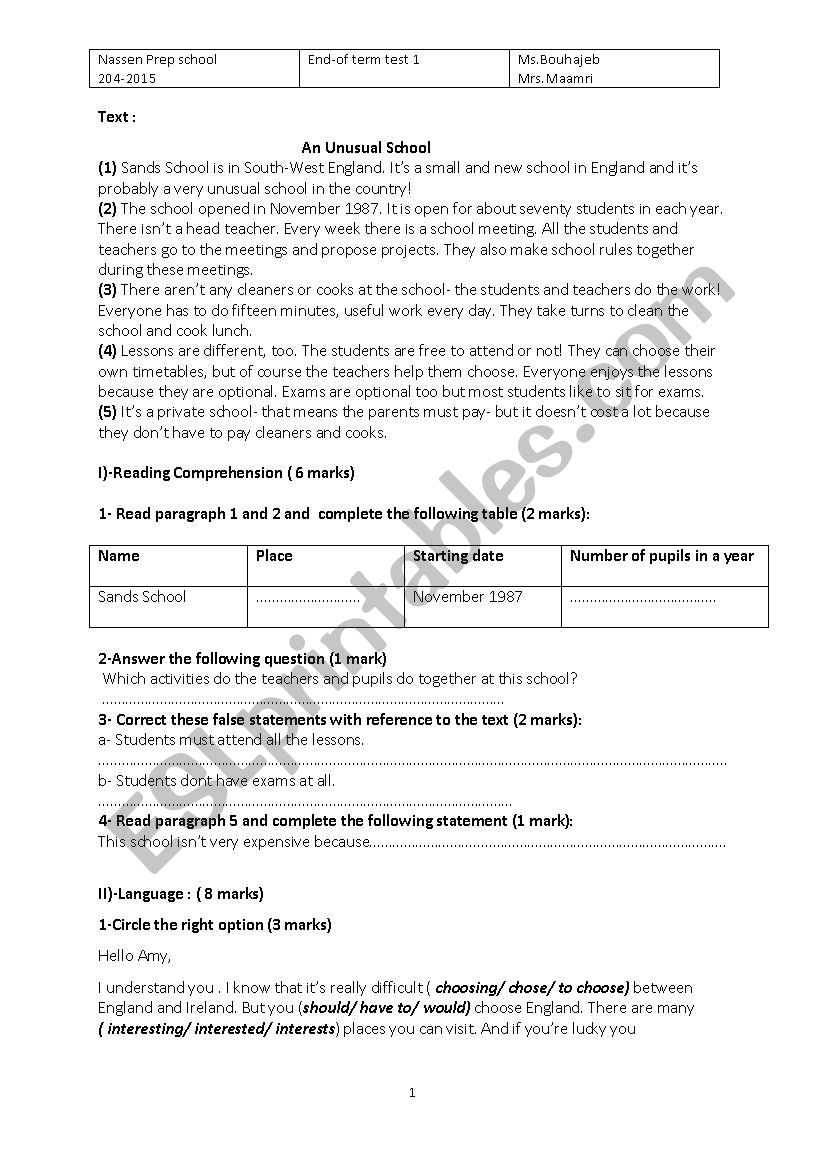 end of term test 1 worksheet