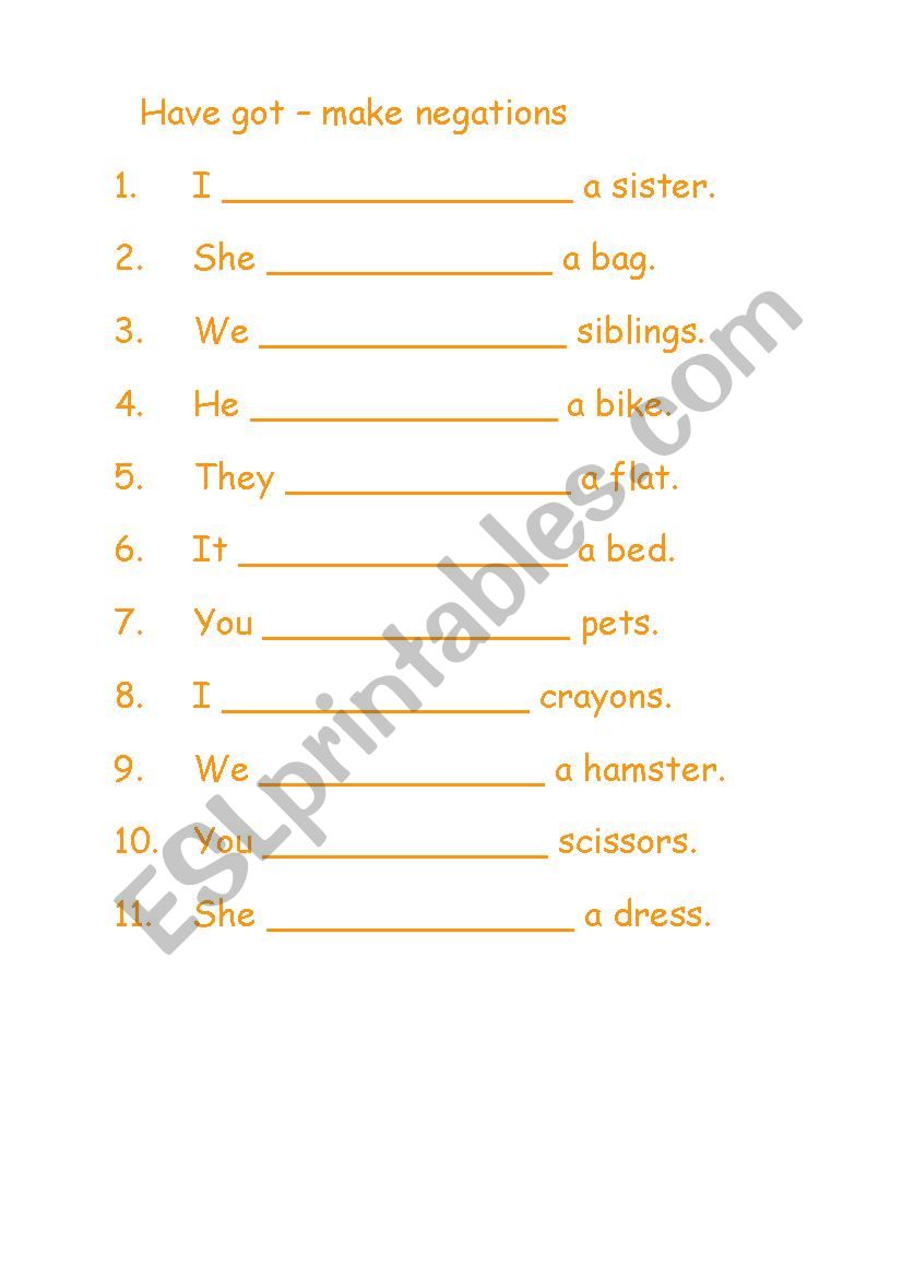 Have got - negations worksheet