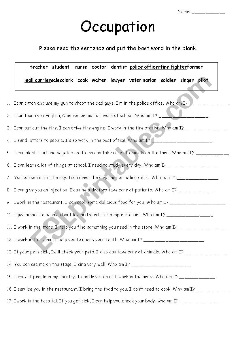 Occupation  worksheet