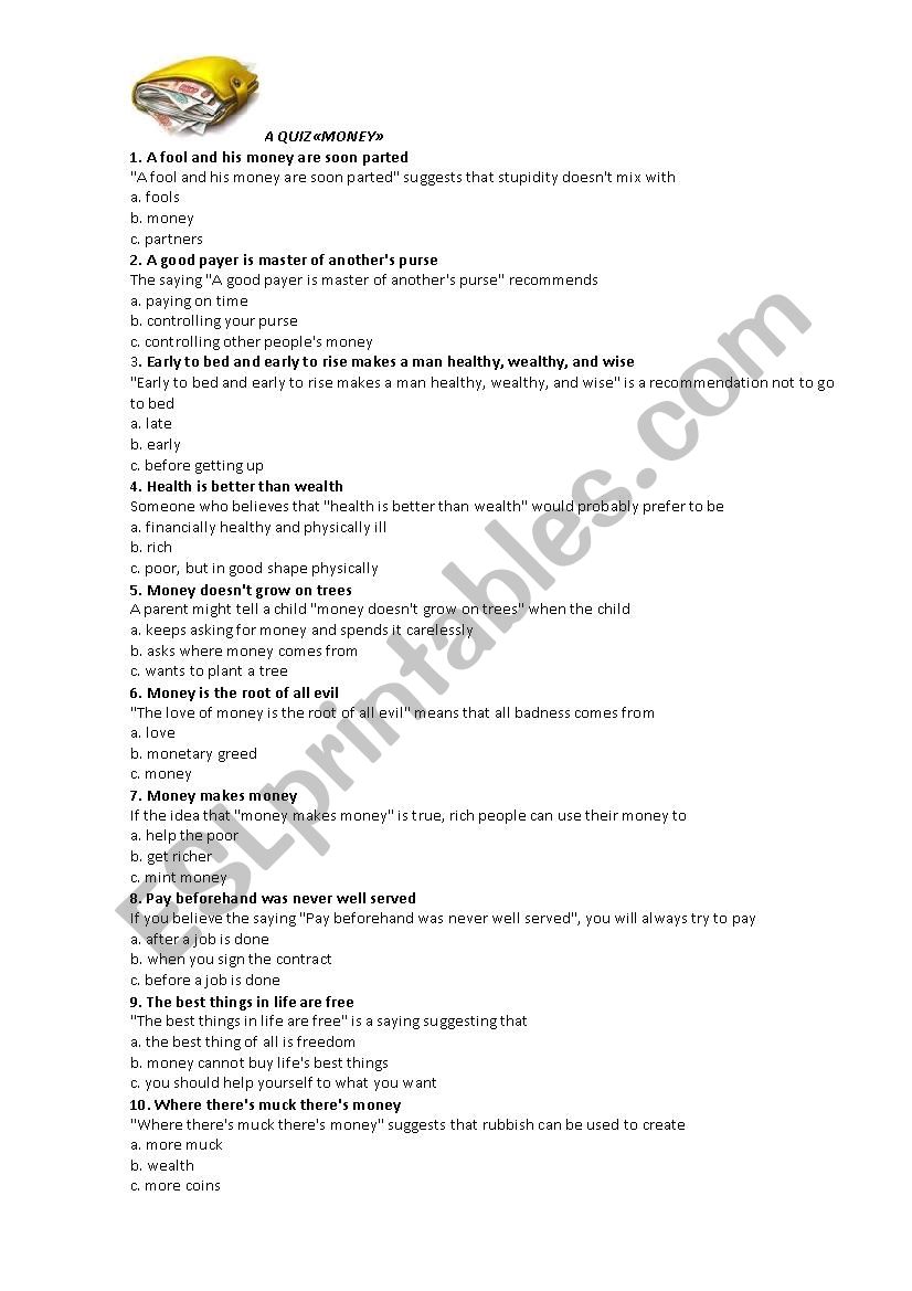 money quiz worksheet