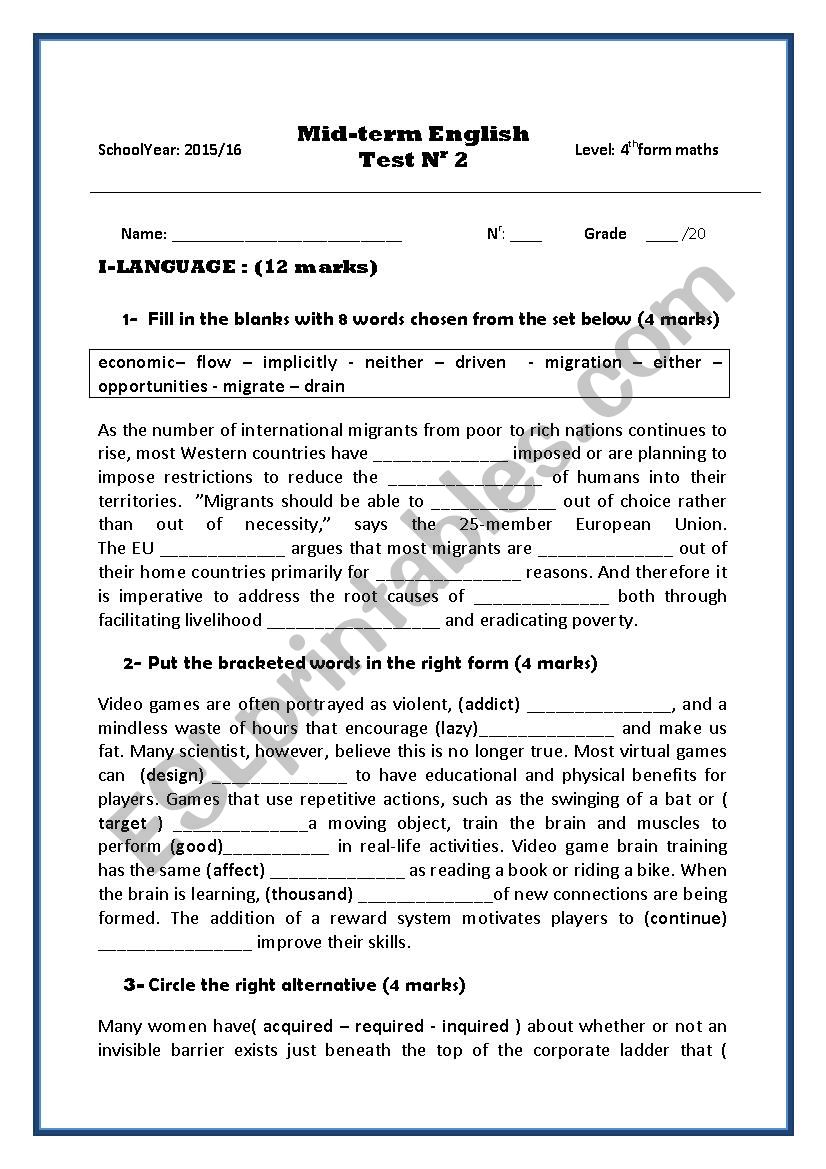 4th form mid-term test 2 worksheet