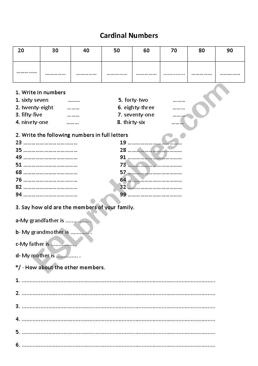 Cardinal numbers worksheet