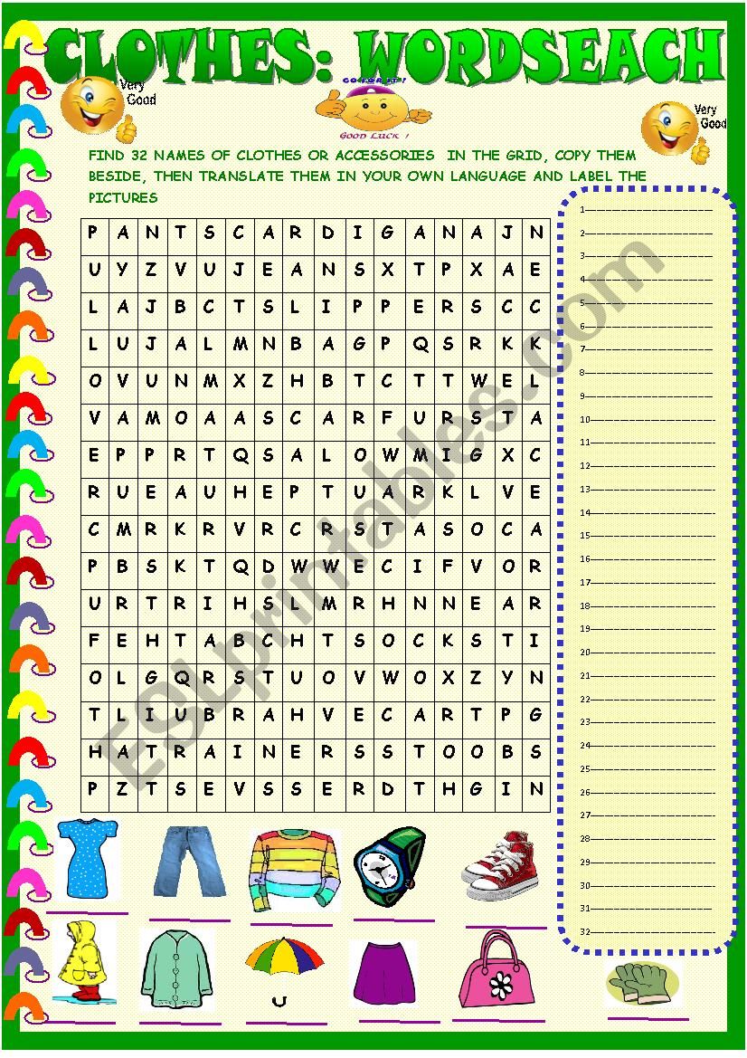 Clothes :wordsearch with KEY worksheet
