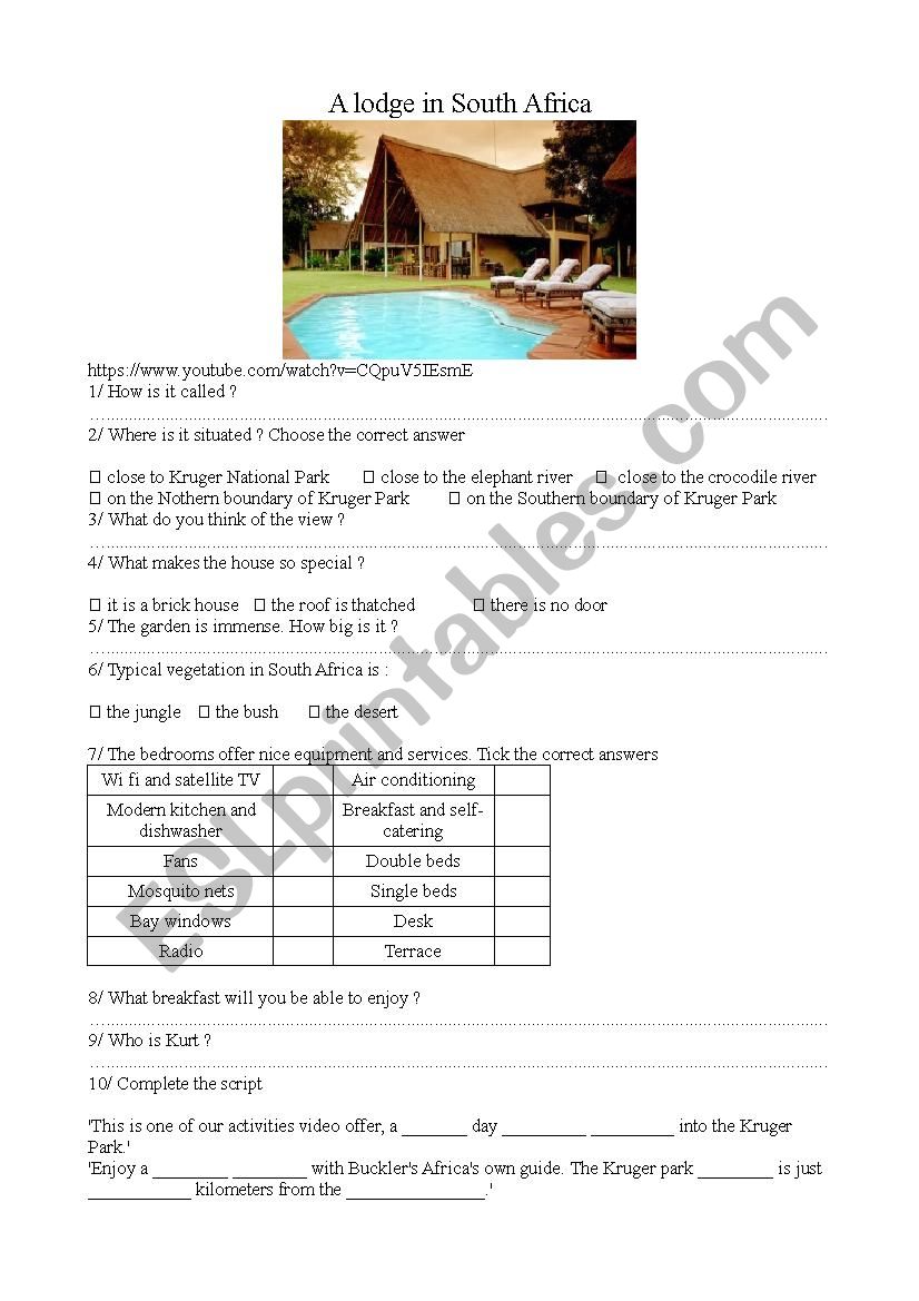 Lodge in South Africa worksheet