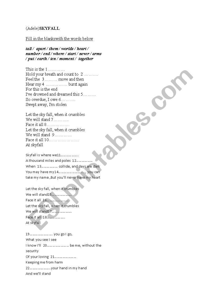 Skyfall (Adele) worksheet