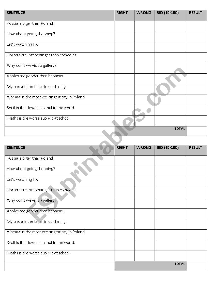 Grammar auction - adjectives worksheet